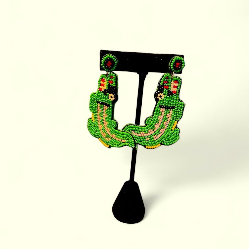 Obx Prep Beaded Alligator Earrings, Green, Felt Backing, 3”x 2”, Florida…